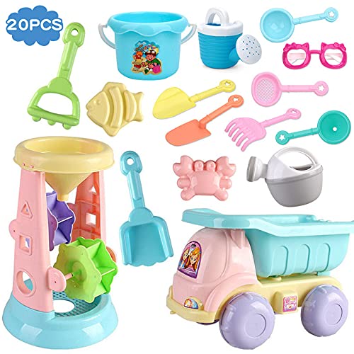 Aoten Summer Beach Toys - Juego de 20 piezas para niños, caja de arena, bucket Rake Hourglasses Water Table Fun Game Shovel de silicona suave