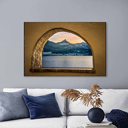 AOXULIU Cuadro sobre Lienzo 40x60cm Sin Marco Póster de puesta de sol con vista al lago y a la montaña Póster de baño Impresiones en lienzo Casa de diseño para el hogar