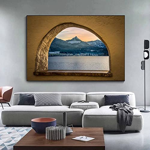 AOXULIU Cuadro sobre Lienzo 40x60cm Sin Marco Póster de puesta de sol con vista al lago y a la montaña Póster de baño Impresiones en lienzo Casa de diseño para el hogar