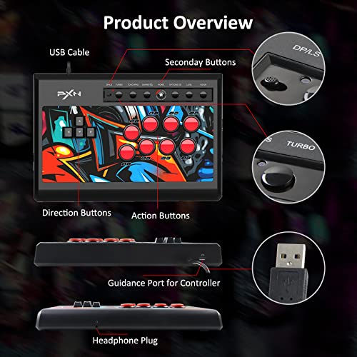 Arcade Fight Stick PXN X8 USB Street Fighter Arcade Game Fighting Controlador con Funciones Audio y Turbo para PS3/ PS4/ Xbox ONE/ Xbox Series X&S/ Nintendo Switch/ PC Windows