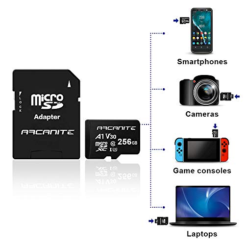ARCANITE - Tarjeta de memoria microSDXC de 256 GB con adaptador SD, A1, UHS-I U3, V30, 4K, Clase 10, microSD, Velocidad de lectura hasta 90 MB/s
