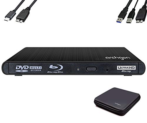 Archgon Style UHD 4K-Ultra HD BD Reproductor Player Externo, lectores grabadora de BLU-Ray BDXL para PC USB 3.0 USB-C, M-Disc, Caja de protección, Unidad bluray Externa, Lector UHD, ALU Negro