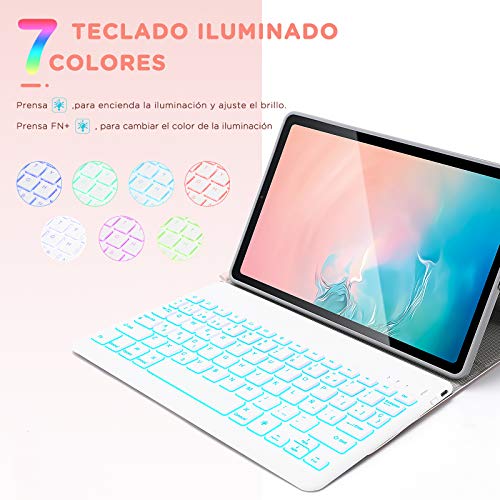 ASHU Funda con Teclado Español Ñ para Samsung Galaxy Tab S6 Lite 10.4" 2020, Teclado Bluetooth Desmontable, 7 Colores Retroiluminado, Funda para Samsung SM-P610/P615, Rosa