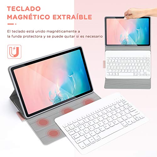 ASHU Funda con Teclado Español Ñ para Samsung Galaxy Tab S6 Lite 10.4" 2020, Teclado Bluetooth Desmontable, 7 Colores Retroiluminado, Funda para Samsung SM-P610/P615, Rosa