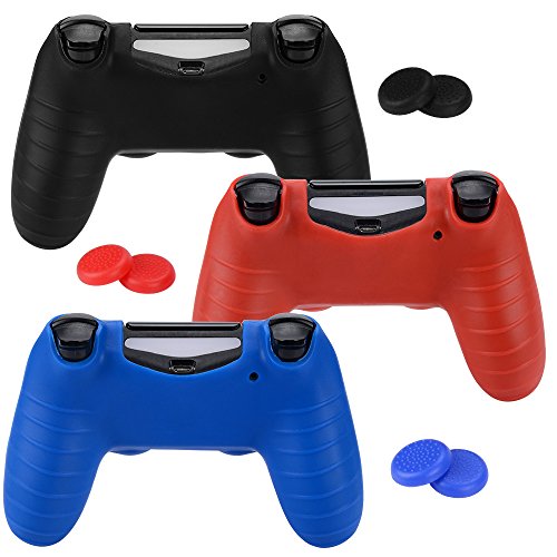ASIV Silicona Fundas Protectores para Mando PS4 x3 (negro + rojo + azul) + pulgar agarre thumb grip x 6