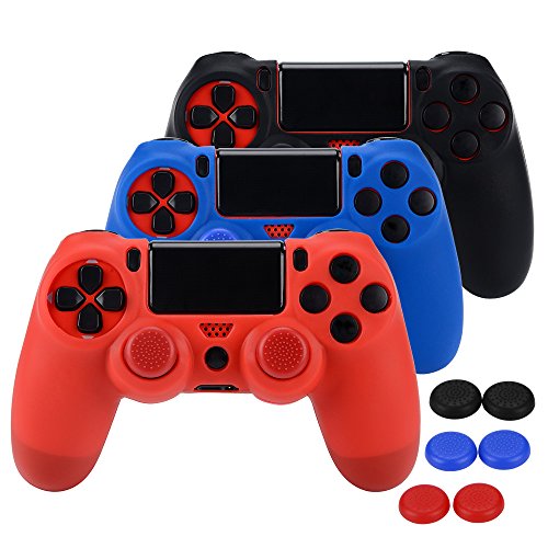 ASIV Silicona Fundas Protectores para Mando PS4 x3 (negro + rojo + azul) + pulgar agarre thumb grip x 6