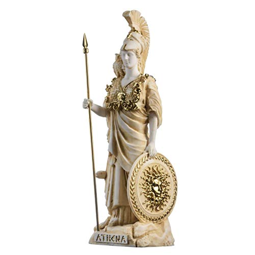 Atenea Con Búho Medusa Escudo Diosa Griega Estatua De Alabastro Oro 27 cm