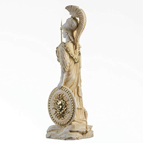 Atenea Con Búho Medusa Escudo Diosa Griega Estatua De Alabastro Oro 27 cm