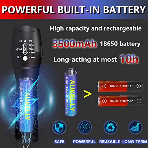 AUKELLY LED Linterna USB Recargable Linternas Alta Potencia Tactica Linterna Militar,Impermeable Linternas,3 Modo,Zoomable,para Ciclismo,Camping,con Batería Incorporada