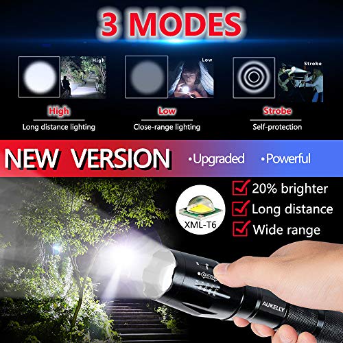 AUKELLY LED Linterna USB Recargable Linternas Alta Potencia Tactica Linterna Militar,Impermeable Linternas,3 Modo,Zoomable,para Ciclismo,Camping,con Batería Incorporada