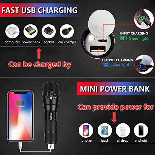 AUKELLY LED Linterna USB Recargable Linternas Alta Potencia Tactica Linterna Militar,Impermeable Linternas,3 Modo,Zoomable,para Ciclismo,Camping,con Batería Incorporada