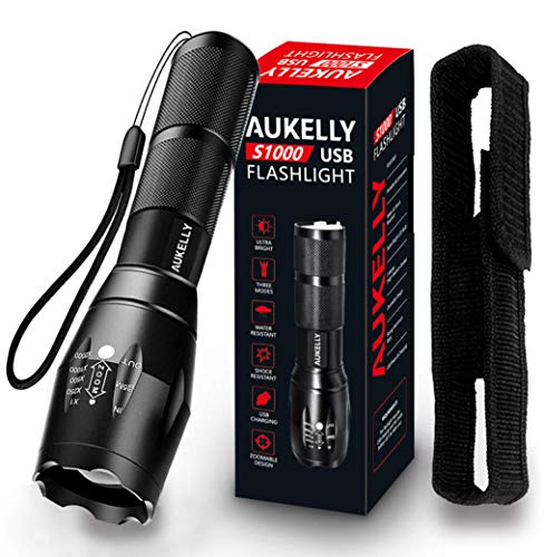 AUKELLY LED Linterna USB Recargable Linternas Alta Potencia Tactica Linterna Militar,Impermeable Linternas,3 Modo,Zoomable,para Ciclismo,Camping,con Batería Incorporada