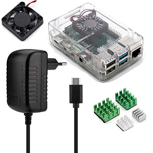 Aukru Kit 4-en-1 para Raspberry Pi 4 Modelo B, Incluye Caja Transparente, 5V 3A USB Tipo c Cargador Fuente de alimentación, disipador térmico y Mini Fan Ventilador
