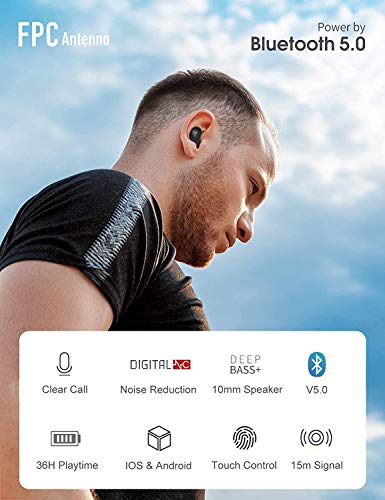 Auriculares Bluetooth 5.0,Auriculares Inalambricos con Micrófono,Bajo Profundo Hi-Fi Sonido Estéreo In-Ear Auricular IPX7 Impermeable, Mini Portátil Digital Display Caja de Carga,para iOS y Android