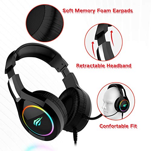 Auriculares Gaming PS4 HAVIT Iluminación RGB Cascos Gaming Sonido Envolvente, Controlador de 50MM y micrófono con reducción de Ruido para Xbox One/PC/Móvil （2011d,Negro）