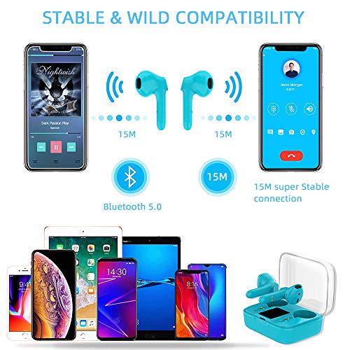 Auriculares Inalámbricos Bluetooth 5.0, Mini Auriculares Bluetooth Sin Cable Sport Cascos con Estuche de Carga de micrófono Sonido Estéreo LED Pantalla/para iPhone Android TV Tablets-Azul