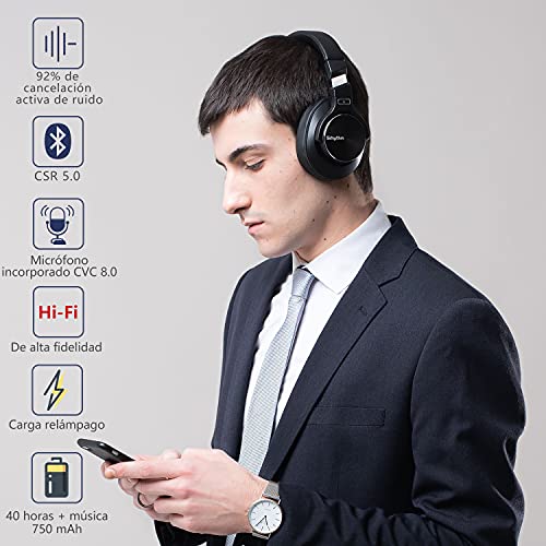 Auriculares Inalámbricos con Cancelación Activa de Ruido Bluetooth 5.0 - Srhythm NC75 Pro con Micrófono CVC8.0, Carga Rápida, Hi-Fi, 40+ Horas de Reproducción - Baja Latencia (Negro)