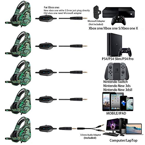 Auriculares para Juegos para Ps5 Xbox One Pc Auriculares con MicróFono Luz Led con CancelacióN De Ruido sobre El OíDo Compatible con Switch Games Laptop Mac Ps4 (Camuflaje Verde)