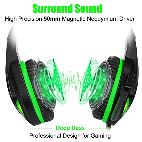 Auriculares para videojuegos con micrófono, auriculares profesionales de bajo ruido aislamiento sobre la oreja, con una tecla de silencio, luz LED para PC PS5, PS4, Xbox One (Negro-Verde)