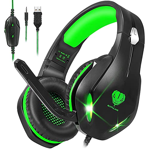 Auriculares para videojuegos con micrófono, auriculares profesionales de bajo ruido aislamiento sobre la oreja, con una tecla de silencio, luz LED para PC PS5, PS4, Xbox One (Negro-Verde)