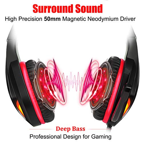 Auriculares para videojuegos con micrófono, auriculares profesionales de bajo ruido aislamiento sobre la oreja, con una tecla de silencio, luz LED para PC PS5, PS4, Xbox One (Negro-Rojo)