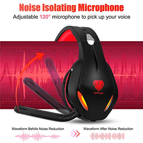 Auriculares para videojuegos con micrófono, auriculares profesionales de bajo ruido aislamiento sobre la oreja, con una tecla de silencio, luz LED para PC PS5, PS4, Xbox One (Negro-Rojo)