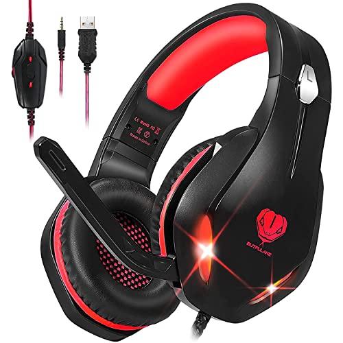 Auriculares para videojuegos con micrófono, auriculares profesionales de bajo ruido aislamiento sobre la oreja, con una tecla de silencio, luz LED para PC PS5, PS4, Xbox One (Negro-Rojo)