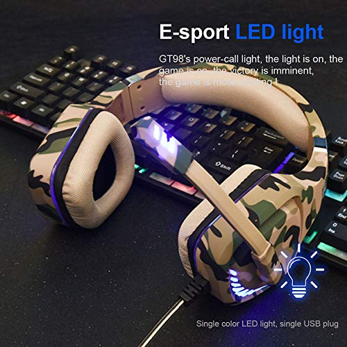 Auriculares para videojuegos para PS4, Xbox One, PC, con micrófono, luz LED, cancelación de ruido, compatible con Switch, Games, ordenador portátil, Mac y PS3 (camuflaje amarillo)