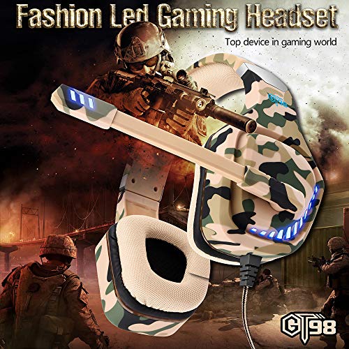 Auriculares para videojuegos para PS4, Xbox One, PC, con micrófono, luz LED, cancelación de ruido, compatible con Switch, Games, ordenador portátil, Mac y PS3 (camuflaje amarillo)