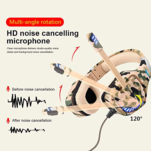 Auriculares para videojuegos para PS4, Xbox One, PC, con micrófono, luz LED, cancelación de ruido, compatible con Switch, Games, ordenador portátil, Mac y PS3 (camuflaje amarillo)