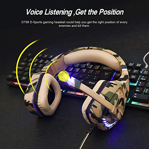 Auriculares para videojuegos para PS4, Xbox One, PC, con micrófono, luz LED, cancelación de ruido, compatible con Switch, Games, ordenador portátil, Mac y PS3 (camuflaje amarillo)