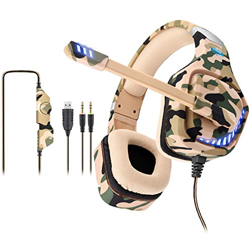 Auriculares para videojuegos para PS4, Xbox One, PC, con micrófono, luz LED, cancelación de ruido, compatible con Switch, Games, ordenador portátil, Mac y PS3 (camuflaje amarillo)
