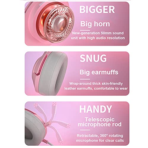 Auriculares Rosa Para Juegos, Auriculares Orejas De Gato, Auriculares Para Juegos Con Sonido Envolvente 7.1 Con Reducción De Ruido Ajustable, Luz Led, Micrófono Retráctil Y Orejas De Gato Extraíbles