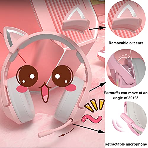 Auriculares Rosa Para Juegos, Auriculares Orejas De Gato, Auriculares Para Juegos Con Sonido Envolvente 7.1 Con Reducción De Ruido Ajustable, Luz Led, Micrófono Retráctil Y Orejas De Gato Extraíbles