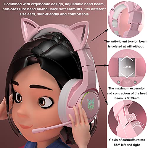 Auriculares Rosa Para Juegos, Auriculares Orejas De Gato, Auriculares Para Juegos Con Sonido Envolvente 7.1 Con Reducción De Ruido Ajustable, Luz Led, Micrófono Retráctil Y Orejas De Gato Extraíbles