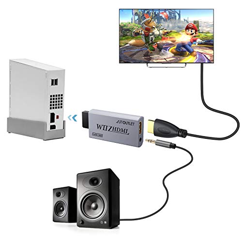AUTOUTLET Adaptador Wii a HDMI, Convertidor Wii Hdmi 1080P / 720P Full HD, con Salida de Audio y Video de 3,5mm y Cable HDMI de 1m, para Nintendo Wii, Monitor de TV, Proyector, Televisión, Gris