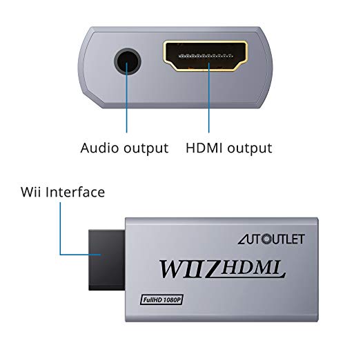 AUTOUTLET Adaptador Wii a HDMI, Convertidor Wii Hdmi 1080P / 720P Full HD, con Salida de Audio y Video de 3,5mm y Cable HDMI de 1m, para Nintendo Wii, Monitor de TV, Proyector, Televisión, Gris