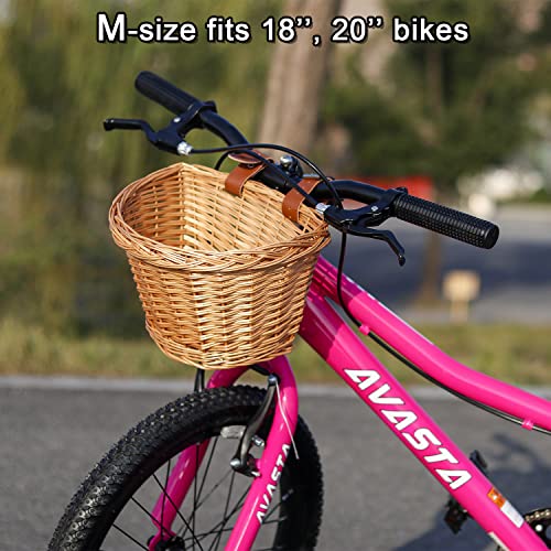 AVASTA Cesta de Mimbre para niños para Bicicletas de 12, 14, 16, 18 niñas, Scooters, Triciclo, Accesorios de Bicicleta para niños, Vienen con Correas de Cuero, tamaño S, Amarillo Miel