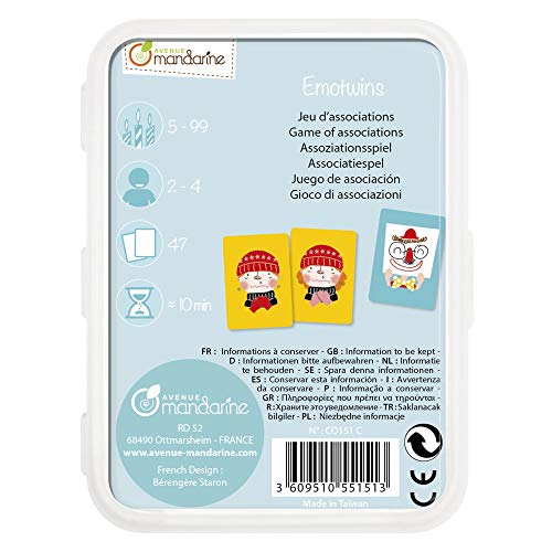 Avenue Mandarine - Jeu de 47 Cartes Emotwins - Jeu d'Association - Pour 2 à 4 joueurs - Reconnaissance des Visages et Émotions Associées - A Partir de 5 Ans - CO151C