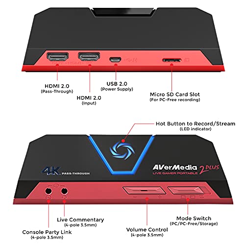 AVerMedia Live Gamer Portable 2 Plus, 4K Pass-Through, 4K Full HD 1080p60 USB Game Capture Ultra Low Latency, Grabar, Stream, Plug & Play, Party Chat para Xbox, Playstation, Nintendo Switch (GC513)