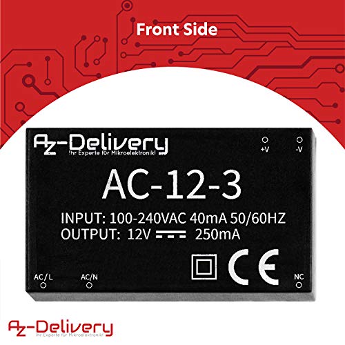 AZDelivery 220V a 12V Fuente de Alimentación Mini Compatible con Raspberry Pi con E-Book Incluido!