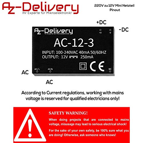 AZDelivery 220V a 12V Fuente de Alimentación Mini Compatible con Raspberry Pi con E-Book Incluido!
