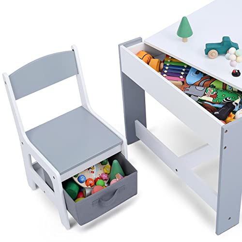 Baby Vivo Set Niños Actividad Mesa con 2 Sillas Infantil Escritorio Juego Cajas Niña y Niño Hecho de Madera - Maurice en Gris
