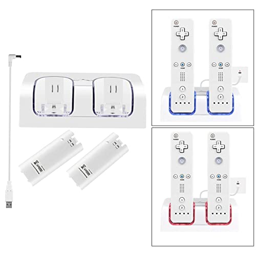 balikha Cargador de batería 2 en 1, estación de Carga con Cable Alargado, para Consola de Juegos Wii, Accesorios de Juego, Gamepad de Control Remoto - Blanco
