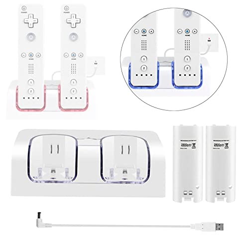 balikha Cargador de batería 2 en 1, estación de Carga con Cable Alargado, para Consola de Juegos Wii, Accesorios de Juego, Gamepad de Control Remoto - Blanco