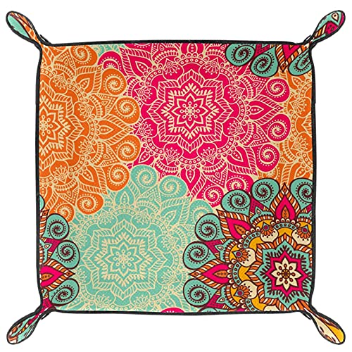 Bandeja de dados colorida Mandala estilo indio Bohemia Dice Rolling Tray Holder Caja de almacenamiento para RPG D&D Dice Tray y juegos de mesa, doble cara plegable portátil de cuero PU