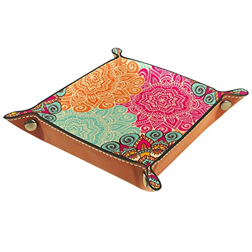 Bandeja de dados colorida Mandala estilo indio Bohemia Dice Rolling Tray Holder Caja de almacenamiento para RPG D&D Dice Tray y juegos de mesa, doble cara plegable portátil de cuero PU