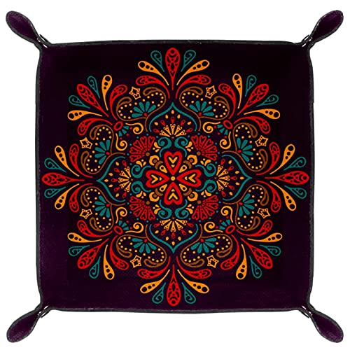 Bandeja de dados Mandala Boho Indian Dice Rolling Tray Holder Caja de almacenamiento para RPG D&D Dice Tray y juegos de mesa, doble cara plegable portátil de piel sintética