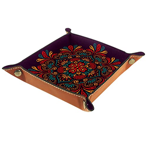 Bandeja de dados Mandala Boho Indian Dice Rolling Tray Holder Caja de almacenamiento para RPG D&D Dice Tray y juegos de mesa, doble cara plegable portátil de piel sintética