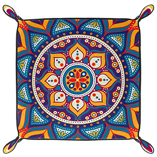 Bandeja de dados Mandala Boho Indian Vintage Colorido Dice Tray Holder Caja de almacenamiento para RPG D&D Dice Tray y juegos de mesa, doble cara plegable portátil de cuero PU